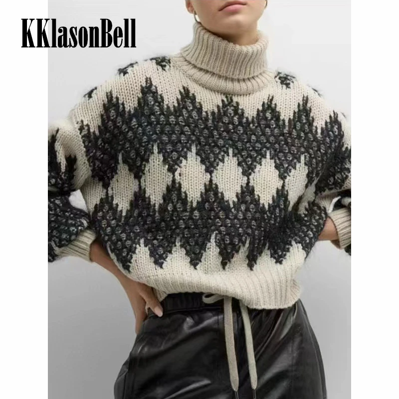 11.12 KKlasonBell, Модный свитер с высоким воротом из Аргайла, вязаный Кашемировый Мягкий пуловер, Женский