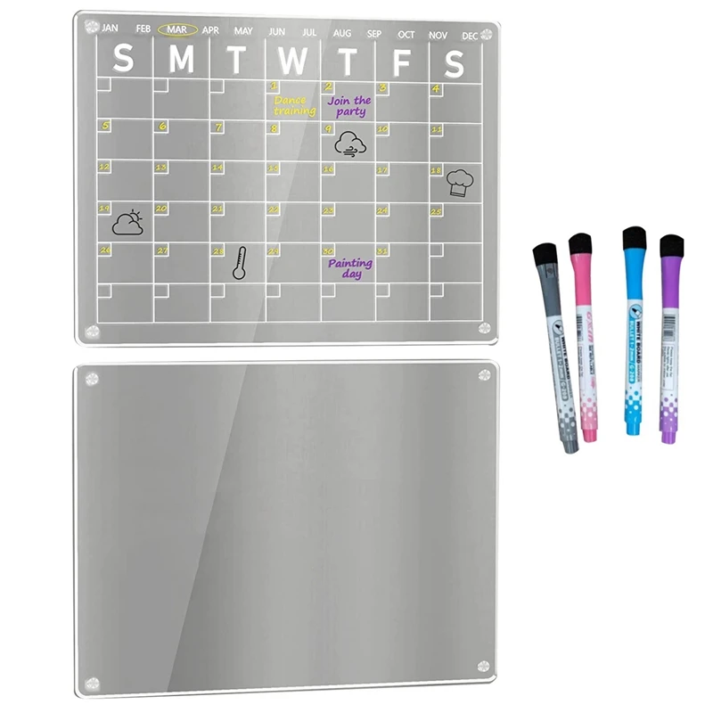 2 шт. Прозрачной акриловой белой доски-календаря сухого стирания для холодильника, 16X12 дюймов для холодильника с 4 маркерами