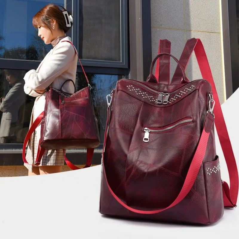 2024 Новый повседневный женский рюкзак из искусственной кожи в корейском стиле, модный простой рюкзак большой емкости с заклепками