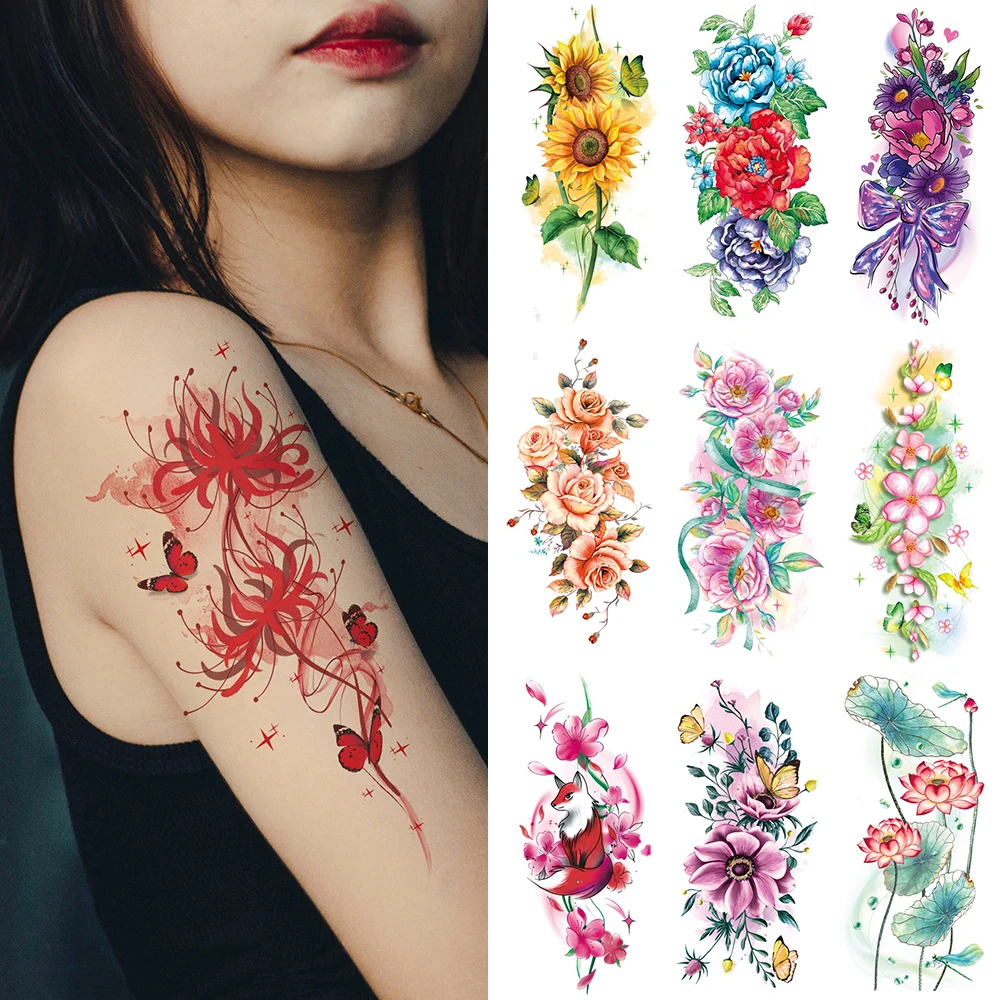 3D Наклейки с цветочными татуировками, временные татуировки, Водонепроницаемые Наклейки с татуировками, боди-арт, наклейки с татуировками на руках, Украшения для тела, сделай САМ, INS