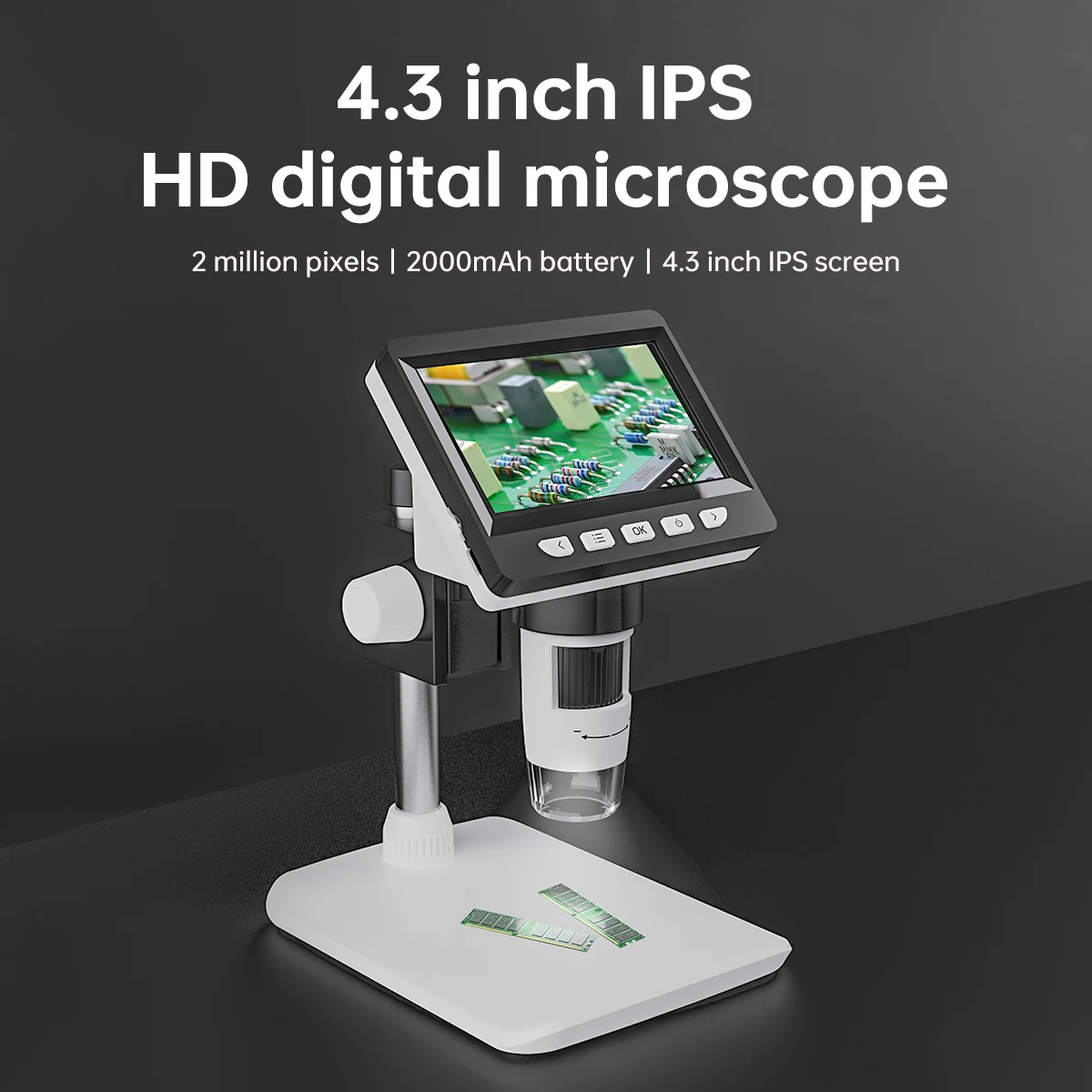 4,3-дюймовый IPS Цифровой микроскоп 1080P 50-1000X 2000mAh, Электронная Микроскопическая Лупа для пайки, ремонта печатных плат, портативных ПК, монет
