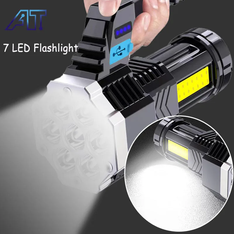 7 светодиодных портативных фонариков, USB-перезаряжаемый прожектор, мощный фонарик, фонарь для кемпинга, рыбалки, Водонепроницаемый встроенный аккумулятор