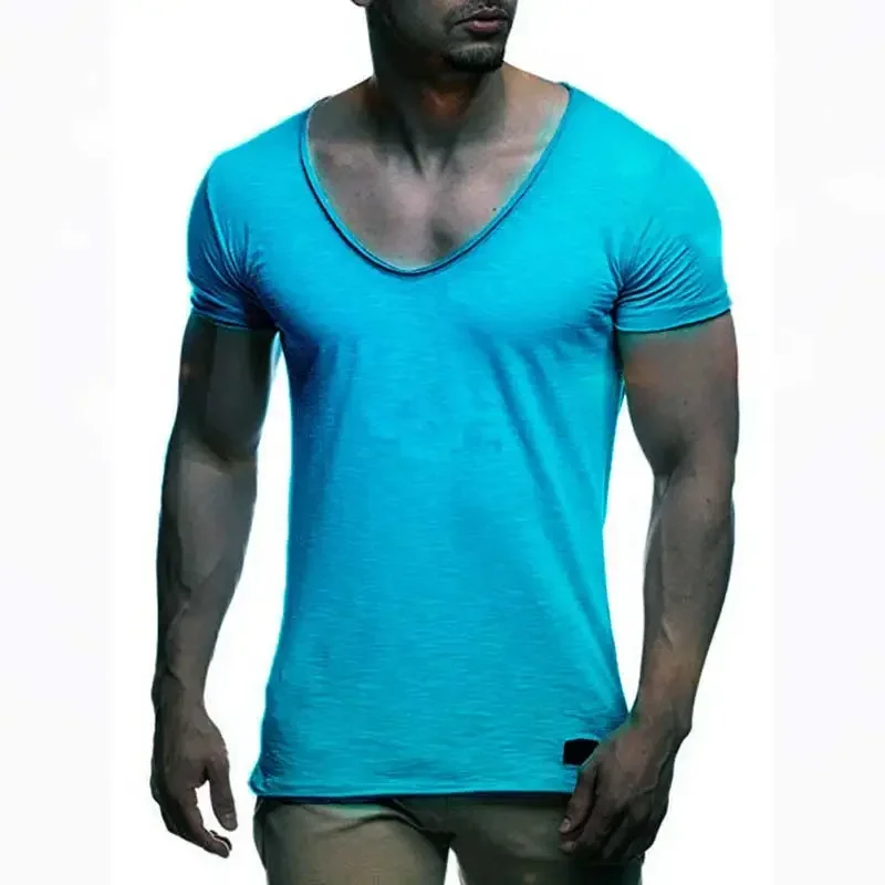 A3203 Новое поступление, мужская футболка с глубоким V-образным вырезом и коротким рукавом, приталенная футболка, мужская тонкая футболка, повседневная летняя футболка camisetas hombre Изображение 1 