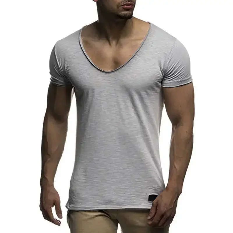 A3203 Новое поступление, мужская футболка с глубоким V-образным вырезом и коротким рукавом, приталенная футболка, мужская тонкая футболка, повседневная летняя футболка camisetas hombre Изображение 2 