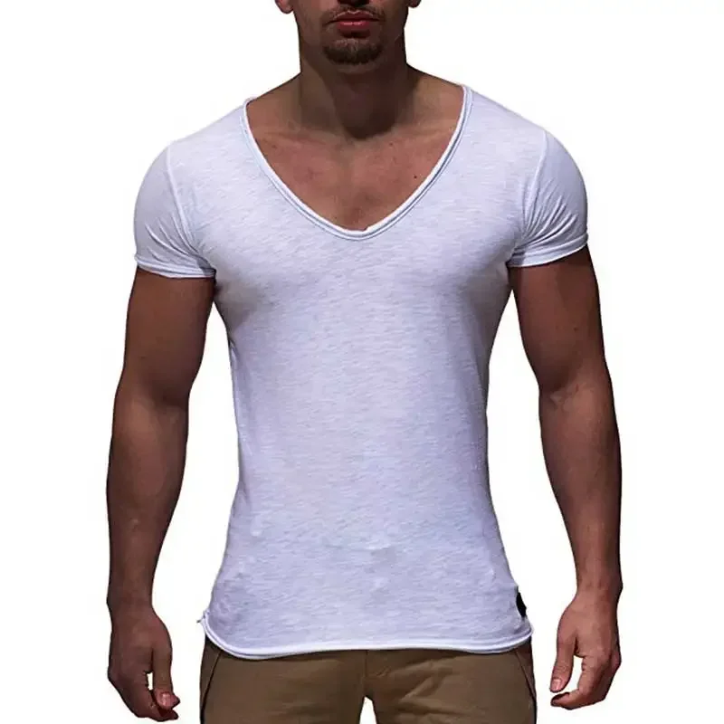 A3203 Новое поступление, мужская футболка с глубоким V-образным вырезом и коротким рукавом, приталенная футболка, мужская тонкая футболка, повседневная летняя футболка camisetas hombre Изображение 4 