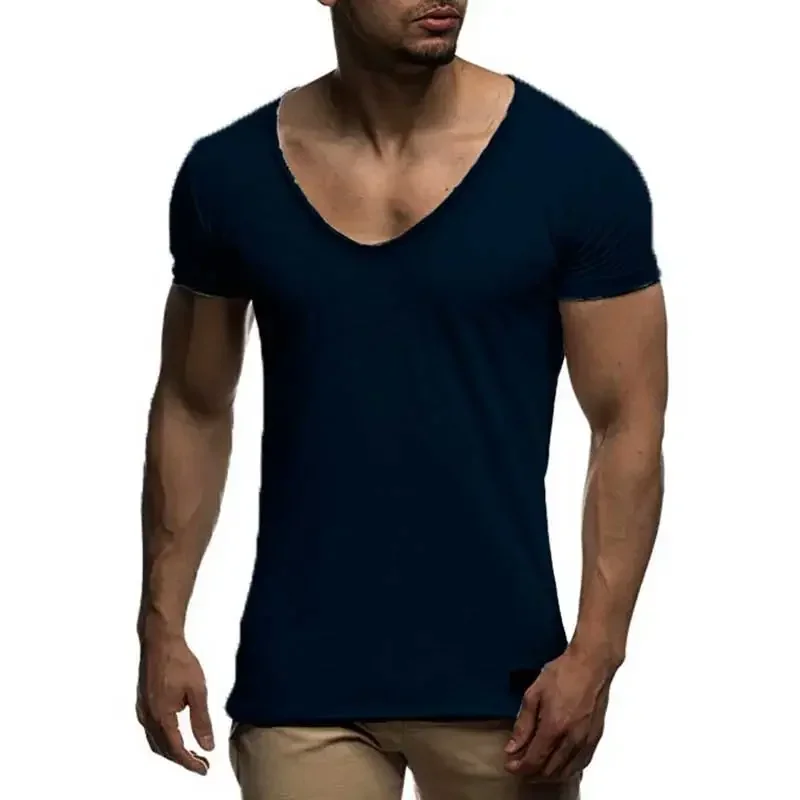 A3203 Новое поступление, мужская футболка с глубоким V-образным вырезом и коротким рукавом, приталенная футболка, мужская тонкая футболка, повседневная летняя футболка camisetas hombre Изображение 5 