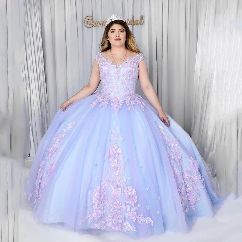 ANGELSBRIDEP Небесно-Голубые Пышные Платья Принцессы с 3D Цветочной Аппликацией Sweet 16 Bow Robe De Soirée Vestidos XV Años Корсет