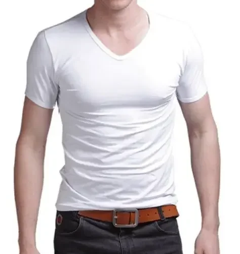 B3619 Летняя горячая распродажа, футболка, Новые мужские топы с V-образным вырезом, футболка, приталенная, с коротким рукавом, однотонная повседневная футболка Изображение 1 