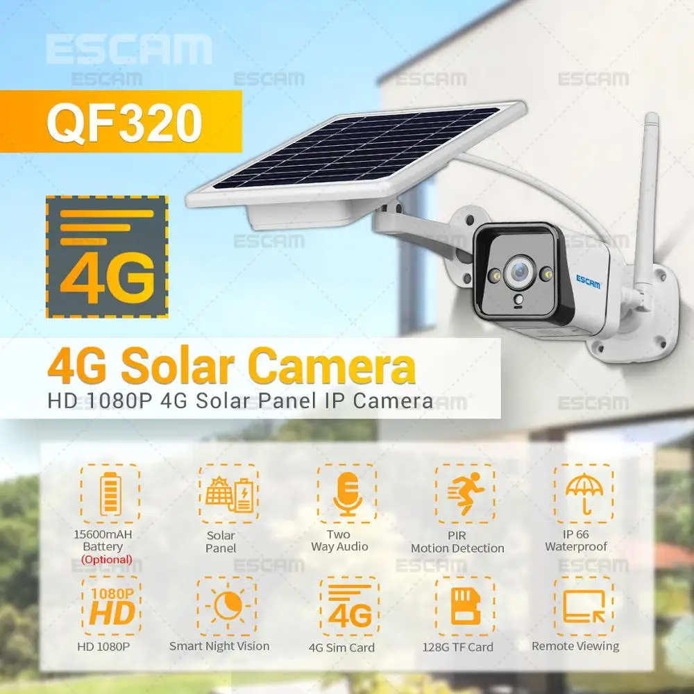 ESCAM QF320 2MP 1080P Беспроводная камера на солнечной энергии 4G Наружная водонепроницаемая пуленепробиваемая камера