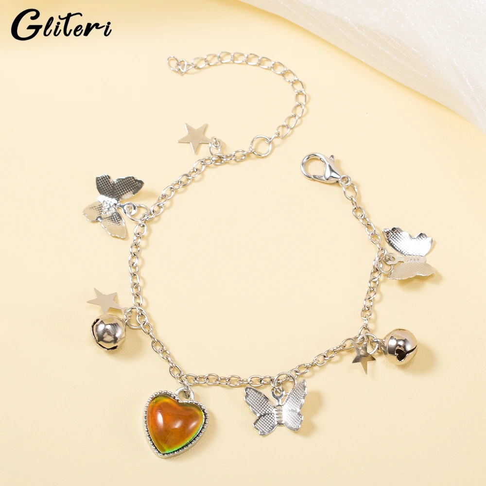 GEITERI Модные браслеты Love Butterfly Star Bell, меняющие цвет, Для женщин, Мужчин, Девочек, Серебряные Браслеты с сердечками, Ювелирные изделия