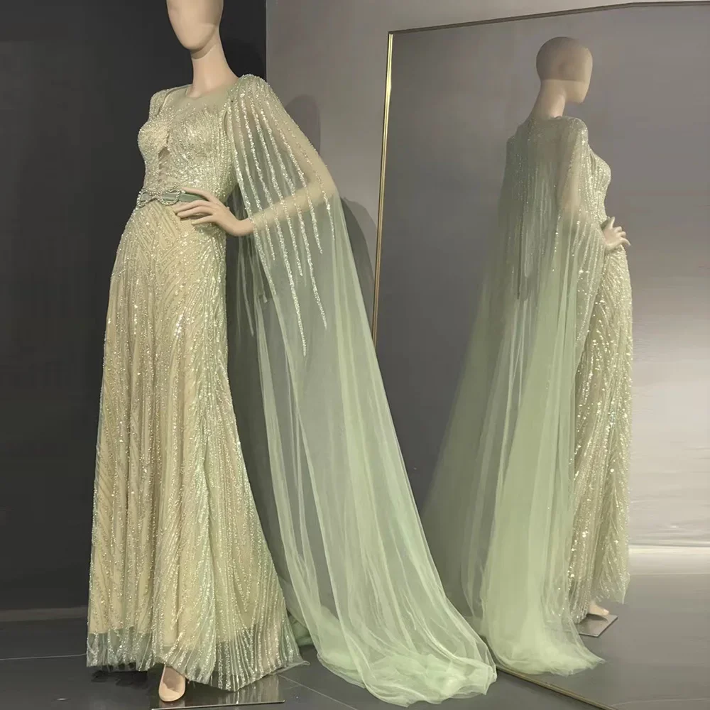GiayMus Said Мятно-Зеленые Роскошные Дубайские Вечерние платья с Накидкой 2024 Элегантное Расшитое Бисером Арабское Женское Длинное Свадебное платье