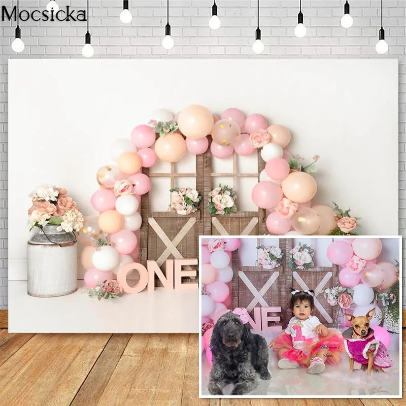 Mocsicka Cake Smash, фоны для фотосъемки на День рождения девочек, Розовый воздушный шар, цветок, декор деревянной двери, фон для фотосессии, Фотостудия