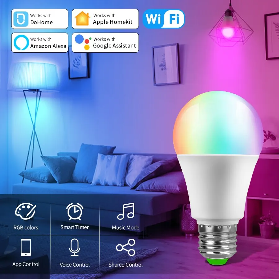 Wifi Умная Светодиодная Лампа 12 Вт E27 Dohome Siri Голосовое Управление RGB Умная Лампа 110 В 220 В Для Alexa Google Home Assistant Изображение 0 