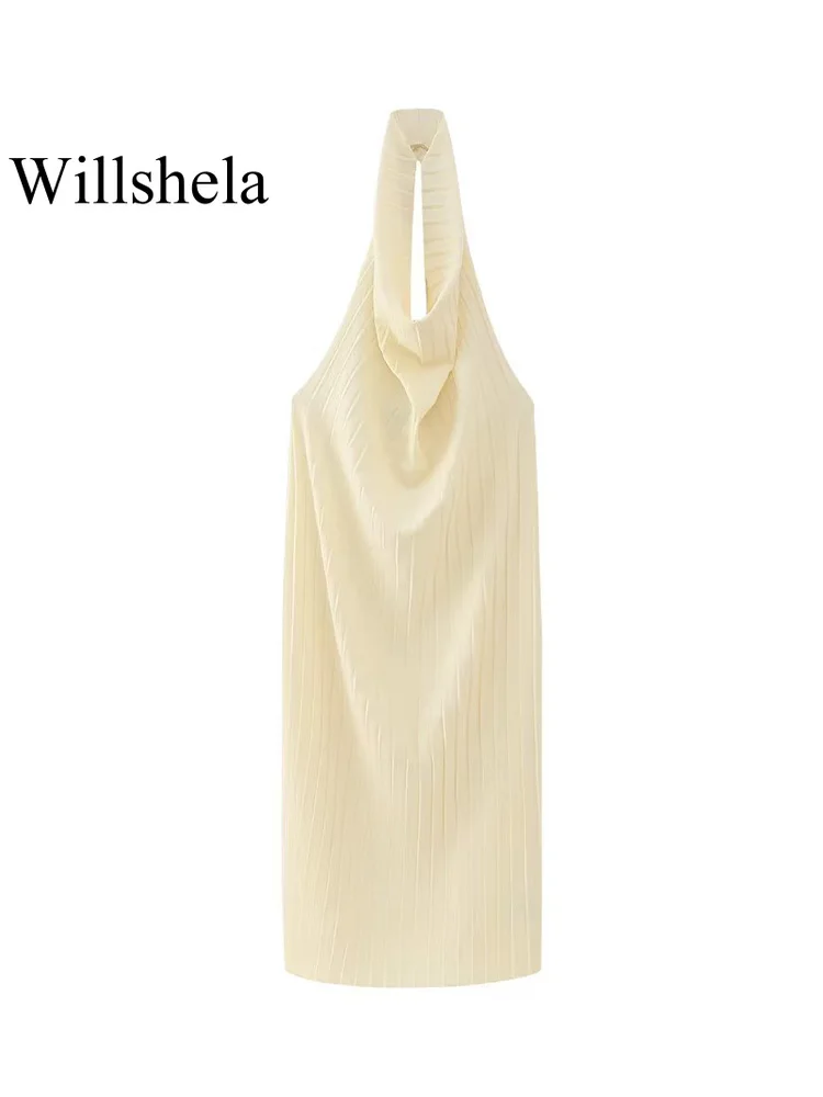 Willshela Женское Свободное платье Миди с открытой спиной цвета Хаки, плиссированное, винтажное, с бретельками на шее, женские шикарные платья для леди