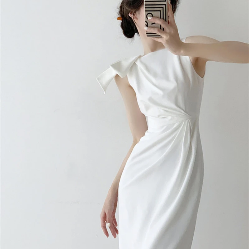 Асимметричное платье Yitimuceng для женщин 2023, Модное Летнее Винтажное Белое платье без рукавов, шикарное повседневное платье Миди с круглым вырезом в складках Изображение 0 