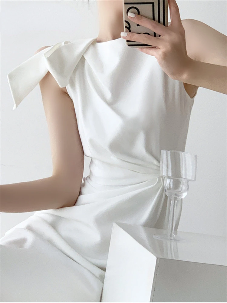 Асимметричное платье Yitimuceng для женщин 2023, Модное Летнее Винтажное Белое платье без рукавов, шикарное повседневное платье Миди с круглым вырезом в складках Изображение 1 