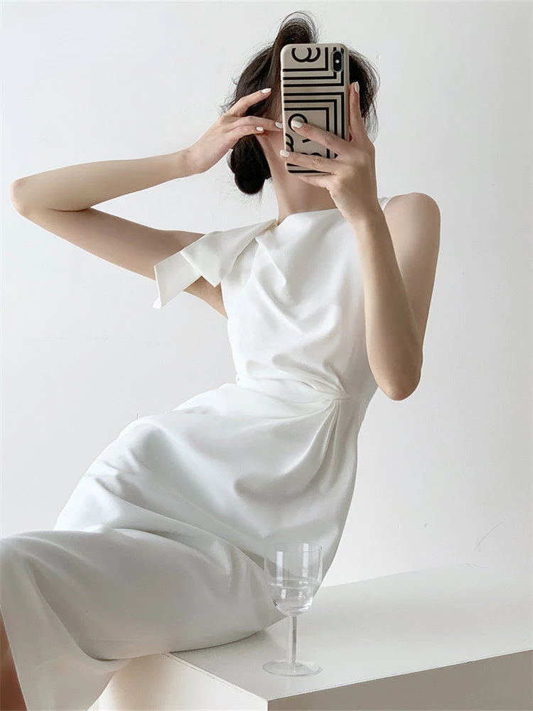 Асимметричное платье Yitimuceng для женщин 2023, Модное Летнее Винтажное Белое платье без рукавов, шикарное повседневное платье Миди с круглым вырезом в складках Изображение 2 