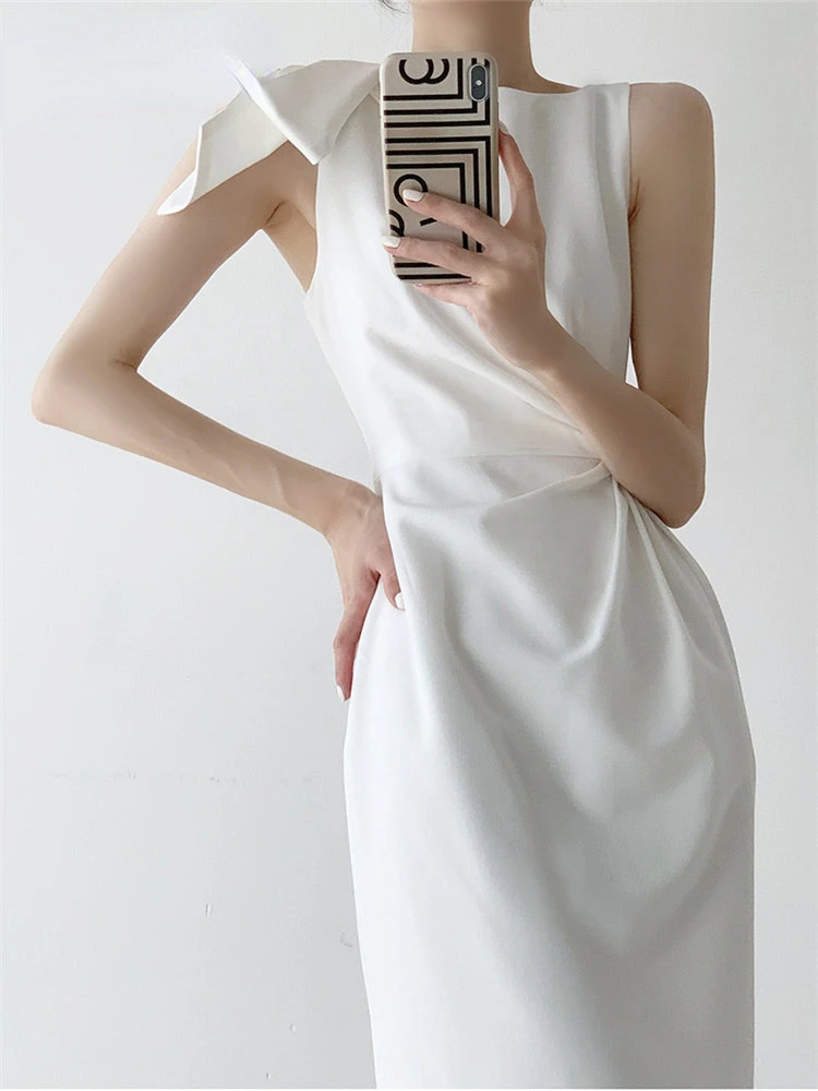 Асимметричное платье Yitimuceng для женщин 2023, Модное Летнее Винтажное Белое платье без рукавов, шикарное повседневное платье Миди с круглым вырезом в складках Изображение 3 