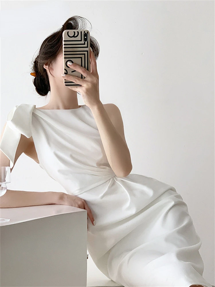 Асимметричное платье Yitimuceng для женщин 2023, Модное Летнее Винтажное Белое платье без рукавов, шикарное повседневное платье Миди с круглым вырезом в складках Изображение 4 