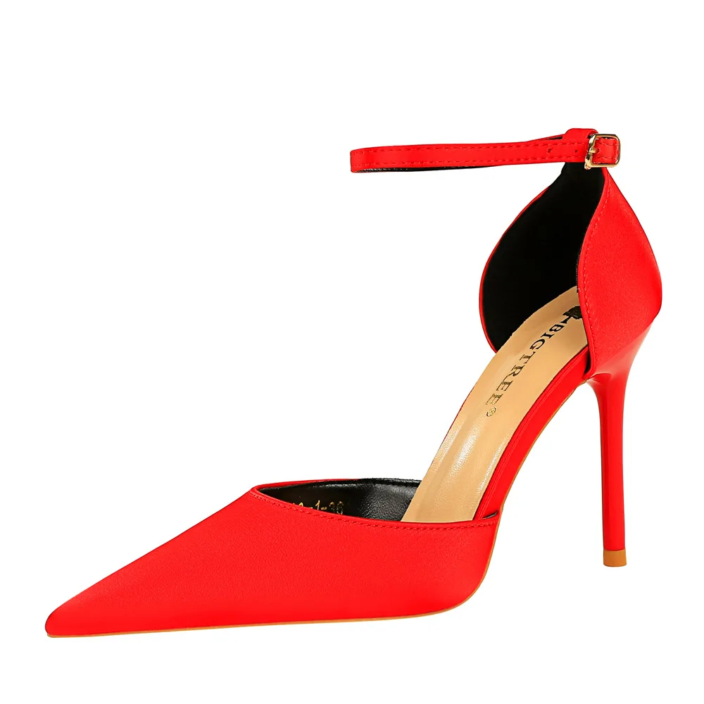 атласные туфли на высоком каблуке 10 см с острым полым ремешком на щиколотке, красные туфли для женщин, свадебные туфли