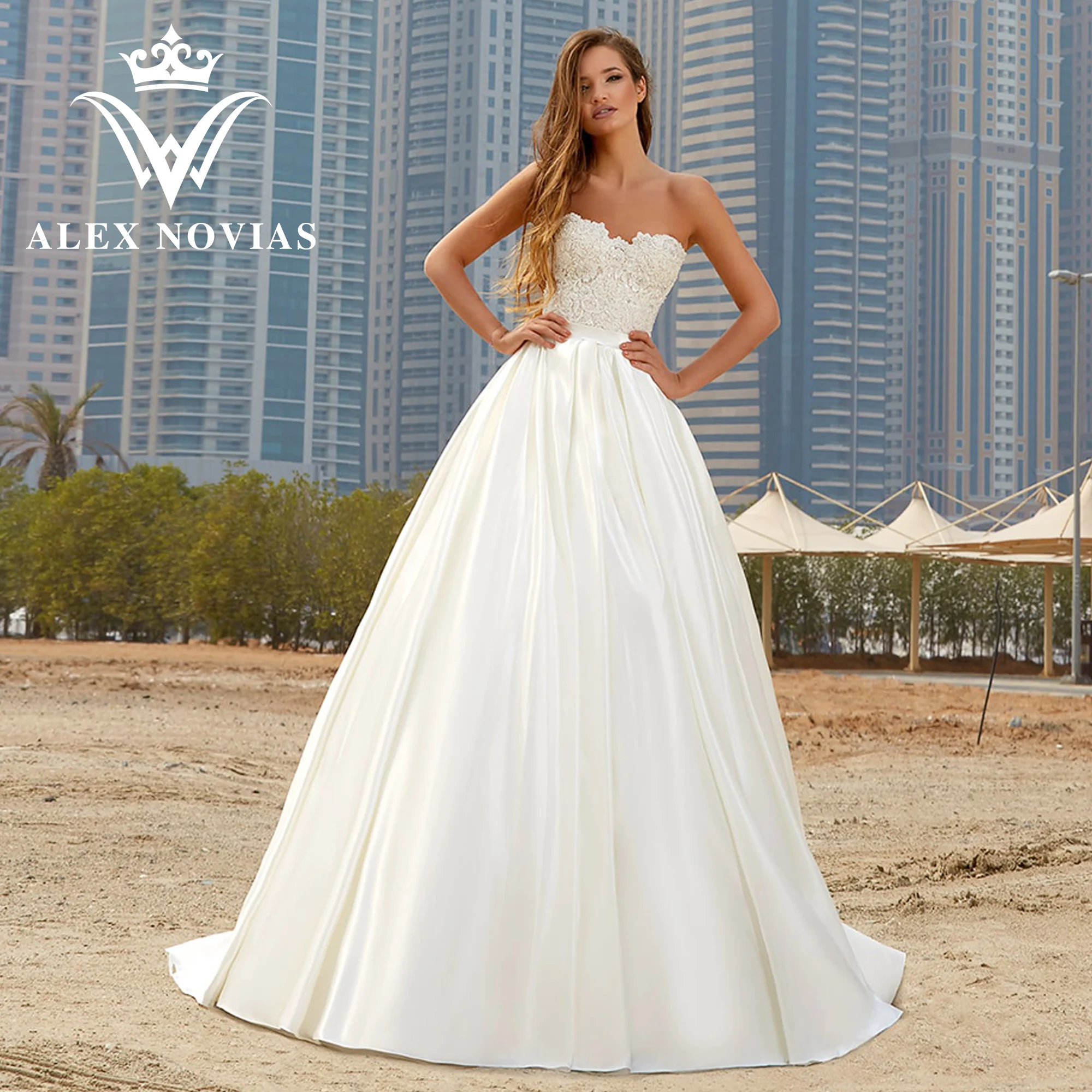 Бальное платье ALEX NOVIAS, атласные свадебные платья 2023, аппликации без бретелек, придворный шлейф, очаровательное свадебное платье Vestidos Novias De Saten