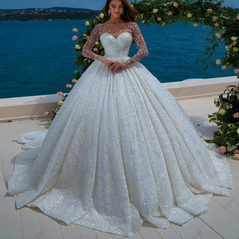Бальное платье с круглым вырезом и длинными рукавами, Свадебное платье, Изящная вышивка бисером, Кружевная юбка для новобрачных с цветочным принтом Vestido De Noiva