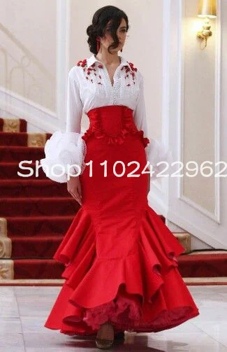 Бело-красные платья для выпускного вечера в стиле русалки из канавы, юбка с оборками, рубашка в цветочек, топ для фламенки, вечернее платье знаменитостей