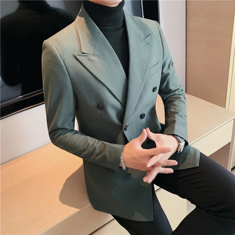 Блейзеры, куртка для мужчин, высококачественный Зимний двубортный блейзер в толстую полоску, Мужская Корейская роскошная одежда, официальные костюмы, пальто Изображение 0 