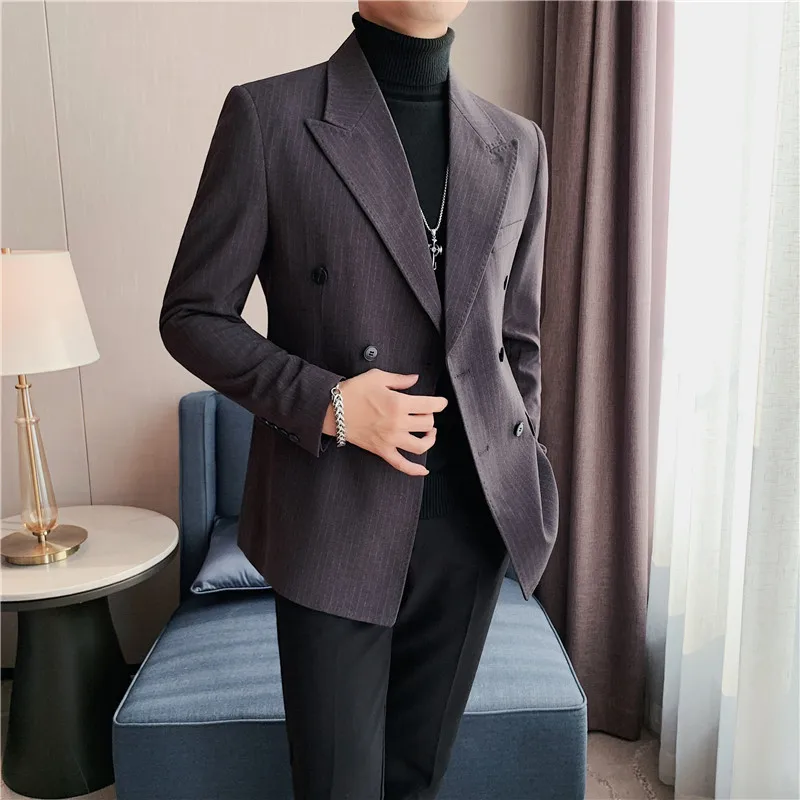 Блейзеры, куртка для мужчин, высококачественный Зимний двубортный блейзер в толстую полоску, Мужская Корейская роскошная одежда, официальные костюмы, пальто Изображение 2 
