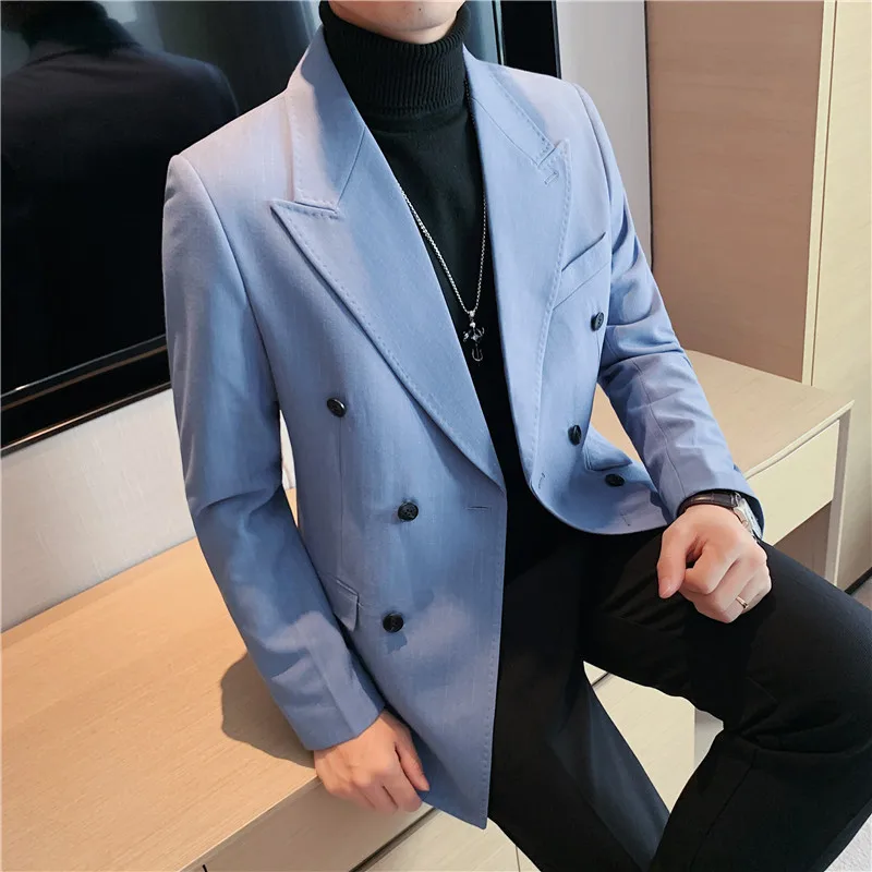 Блейзеры, куртка для мужчин, высококачественный Зимний двубортный блейзер в толстую полоску, Мужская Корейская роскошная одежда, официальные костюмы, пальто Изображение 3 