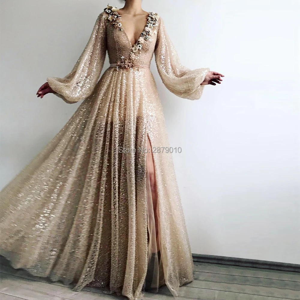 Винтажное длинное вечернее платье трапециевидной формы цвета шампанского с длинными рукавами, длиной до пола, платье для выпускного вечера, расшитое бисером, Вечернее платье Vestido de festa Arabia Изображение 0 