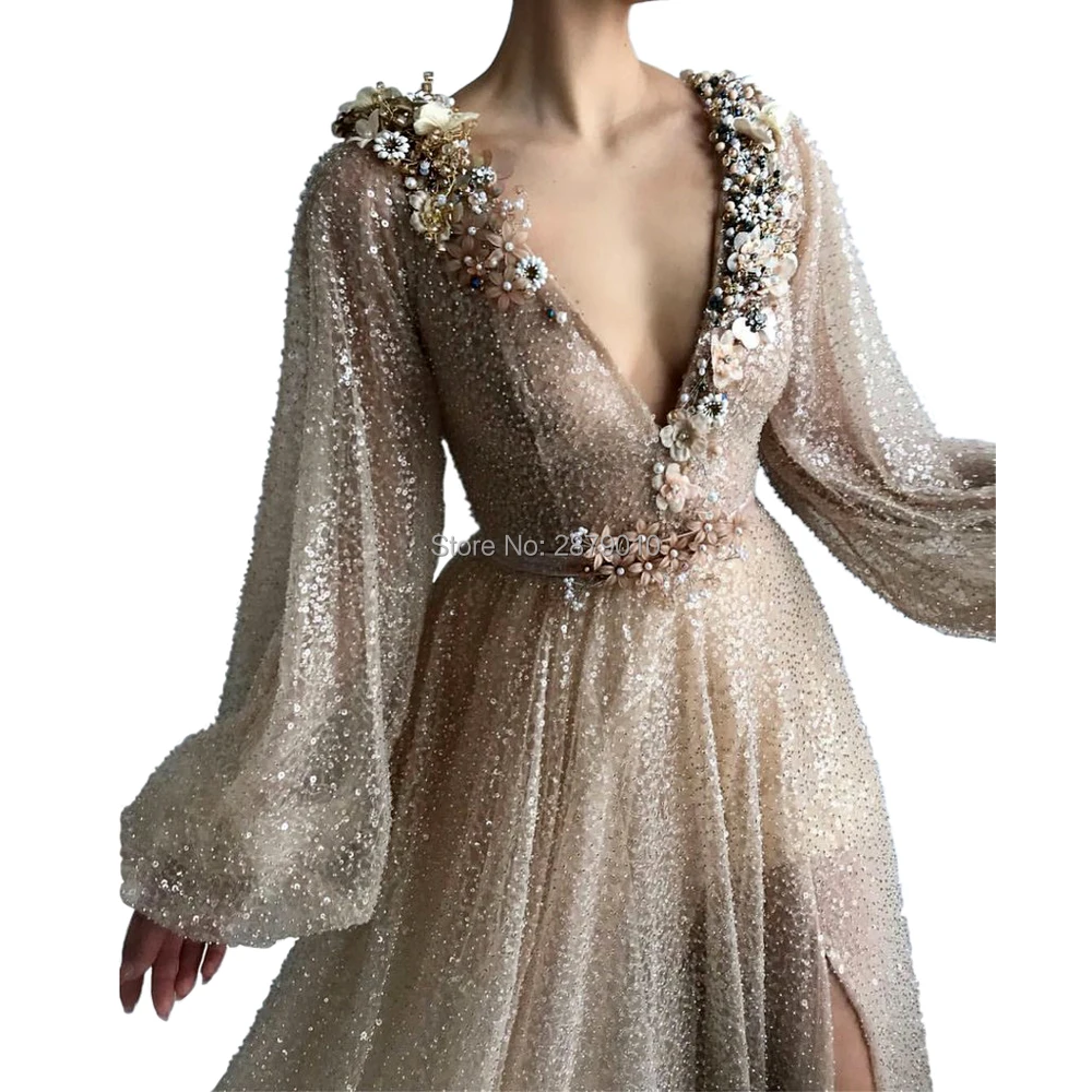 Винтажное длинное вечернее платье трапециевидной формы цвета шампанского с длинными рукавами, длиной до пола, платье для выпускного вечера, расшитое бисером, Вечернее платье Vestido de festa Arabia Изображение 1 