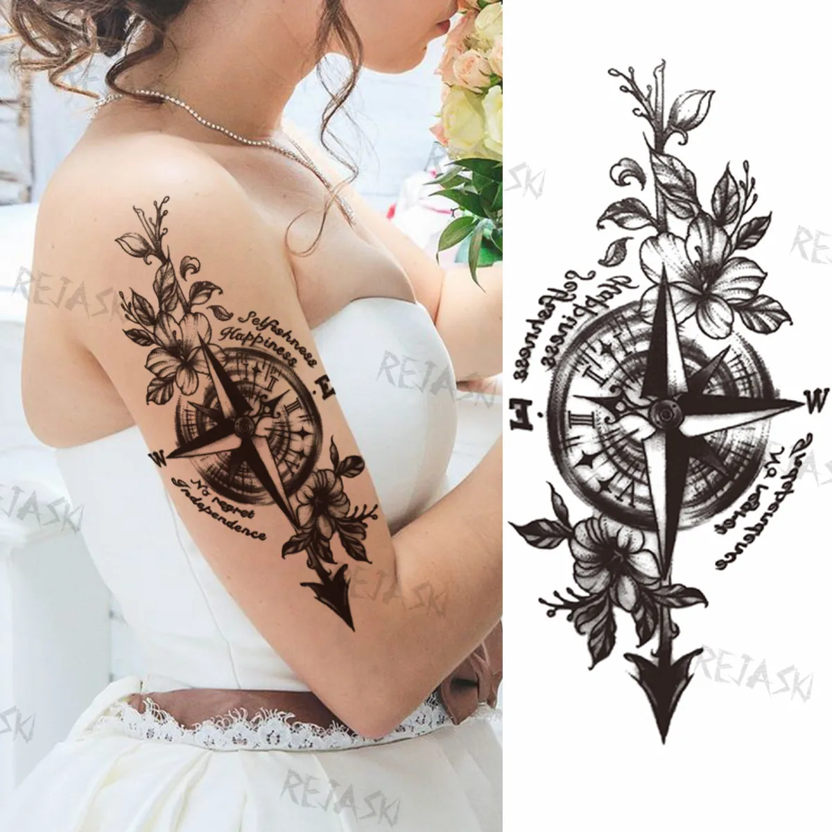 Временные татуировки с черными крупными цветами для женщин, девушки, Роза, Змея, Подвеска с компасом, реалистичная поддельная татуировка на груди, руке, Водонепроницаемые татуировки Изображение 1 