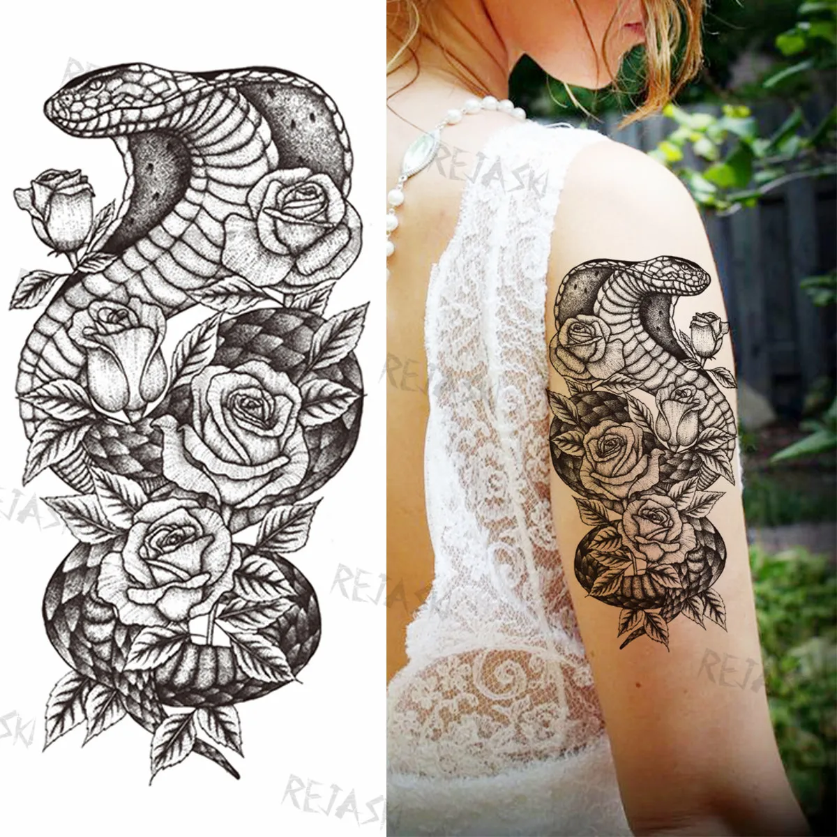 Временные татуировки с черными крупными цветами для женщин, девушки, Роза, Змея, Подвеска с компасом, реалистичная поддельная татуировка на груди, руке, Водонепроницаемые татуировки Изображение 3 