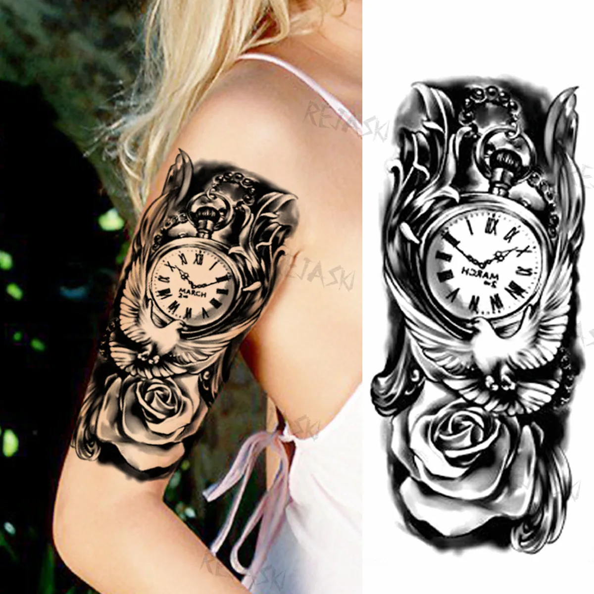 Временные татуировки с черными крупными цветами для женщин, девушки, Роза, Змея, Подвеска с компасом, реалистичная поддельная татуировка на груди, руке, Водонепроницаемые татуировки Изображение 5 