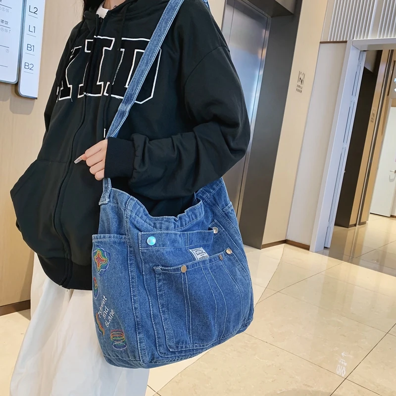 Высококачественная холщовая женская сумка через плечо унисекс, джинсовая синяя школьная сумка, повседневная сумка-мессенджер, сумка через плечо
