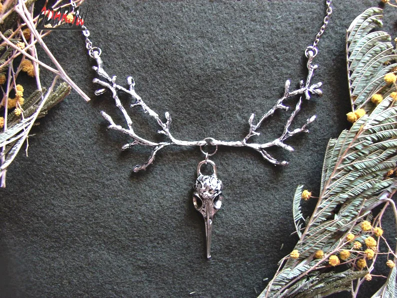 Готический ворон ожерелье с черепом ворона, ювелирные изделия для ведьм, птица, серебряный цвет, кулон, викканские языческие ветви, лесной мужчина, женский подарок, новинка