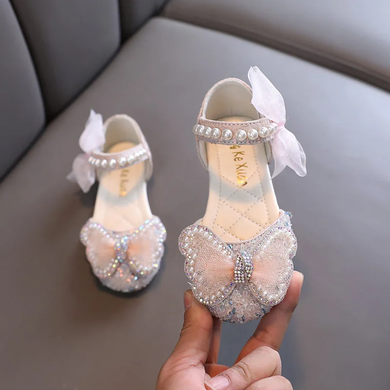 Детские свадебные сандалии на плоской подошве, расшитые блестками и жемчугом, обувь принцессы для девочек, Детские блестящие сандалии с бантом, студенческие тонкие туфли
