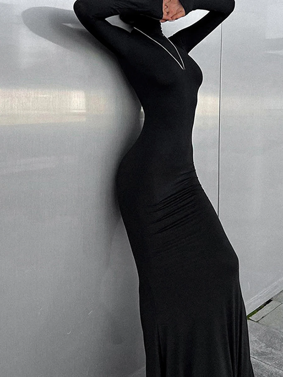 Женское длинное платье-футляр Y2k, элегантное макси-платье с высоким воротом и длинным рукавом, осеннее повседневное приталенное платье для отдыха, коктейльное Изображение 0 
