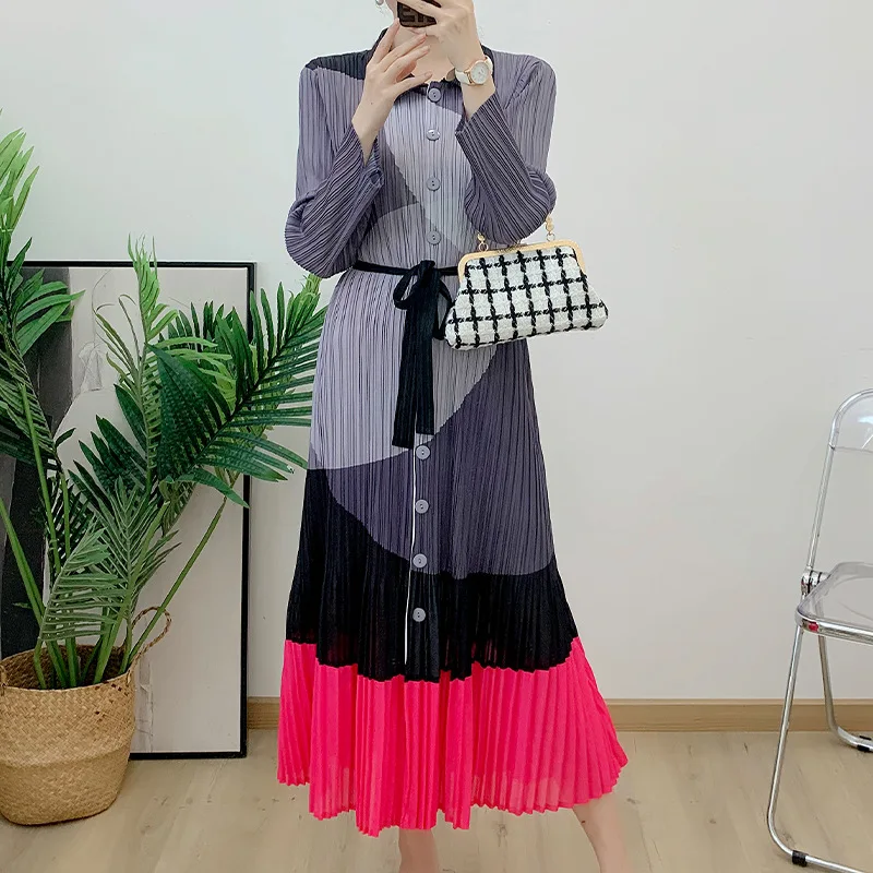 Женское плиссированное платье с принтом Miyake, осеннее свободное платье трапециевидной формы 2024 года, корейская версия повседневного платья для отпуска