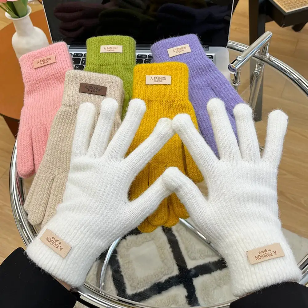 Зимние вязаные перчатки для мужчин и женщин, однотонные рукавицы с сенсорным экраном на пять пальцев, катание на лыжах, велоспорт, Кашемировая перчатка для пальцев Изображение 0 
