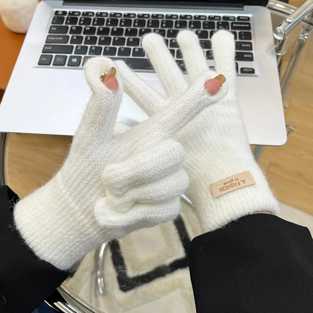 Зимние вязаные перчатки для мужчин и женщин, однотонные рукавицы с сенсорным экраном на пять пальцев, катание на лыжах, велоспорт, Кашемировая перчатка для пальцев Изображение 1 