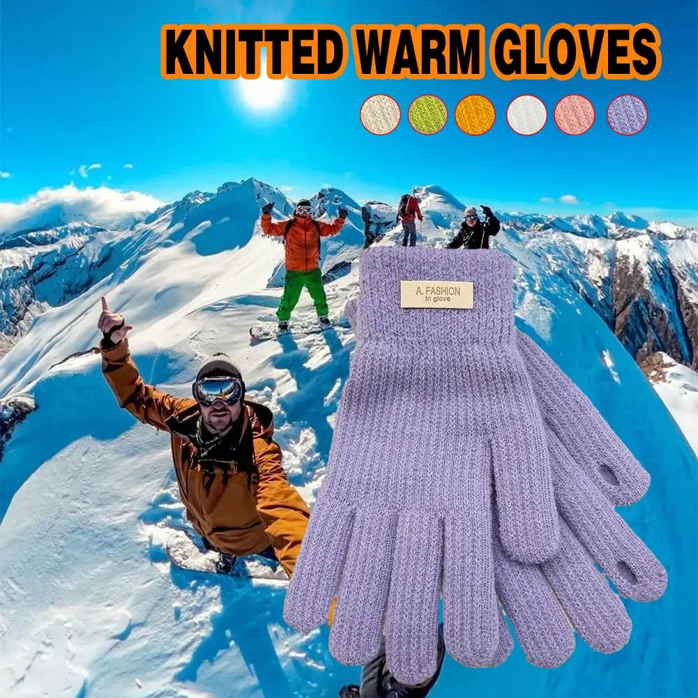 Зимние вязаные перчатки для мужчин и женщин, однотонные рукавицы с сенсорным экраном на пять пальцев, катание на лыжах, велоспорт, Кашемировая перчатка для пальцев Изображение 4 
