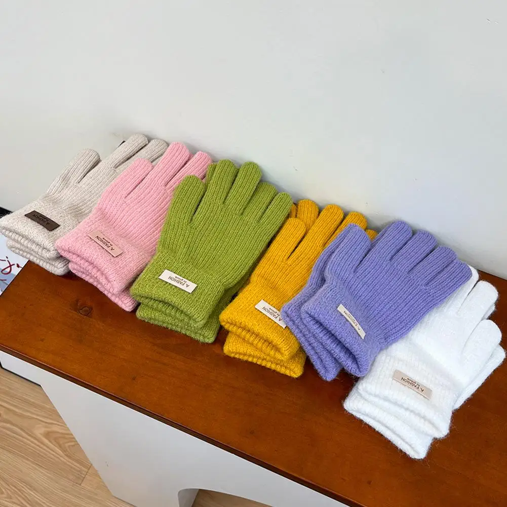 Зимние вязаные перчатки для мужчин и женщин, однотонные рукавицы с сенсорным экраном на пять пальцев, катание на лыжах, велоспорт, Кашемировая перчатка для пальцев Изображение 5 