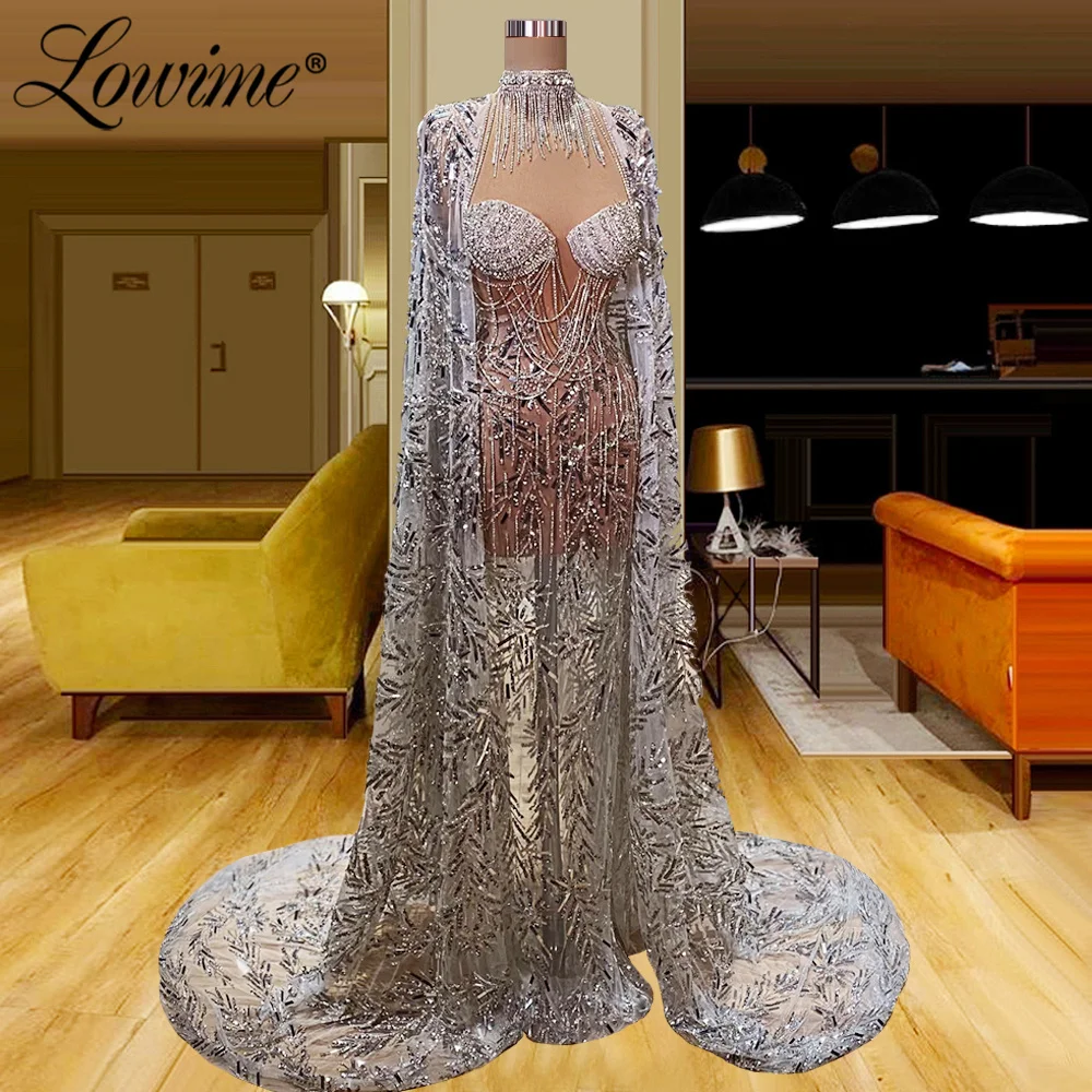 Иллюзионное вечернее платье с длинными рукавами-накидками, расшитое блестками, 2022 размера плюс, Арабский Дубай, кисточки, бисероплетение, вечерние платья Русалки, платья для выпускного вечера