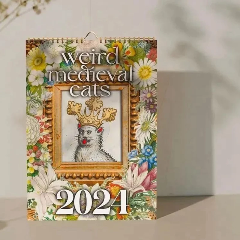 Календарь со странными средневековыми кошками, календарь на 2024 год, настенный календарь на 12 месяцев, который можно повесить в офисе, подарочная бумага с покрытием для дома A