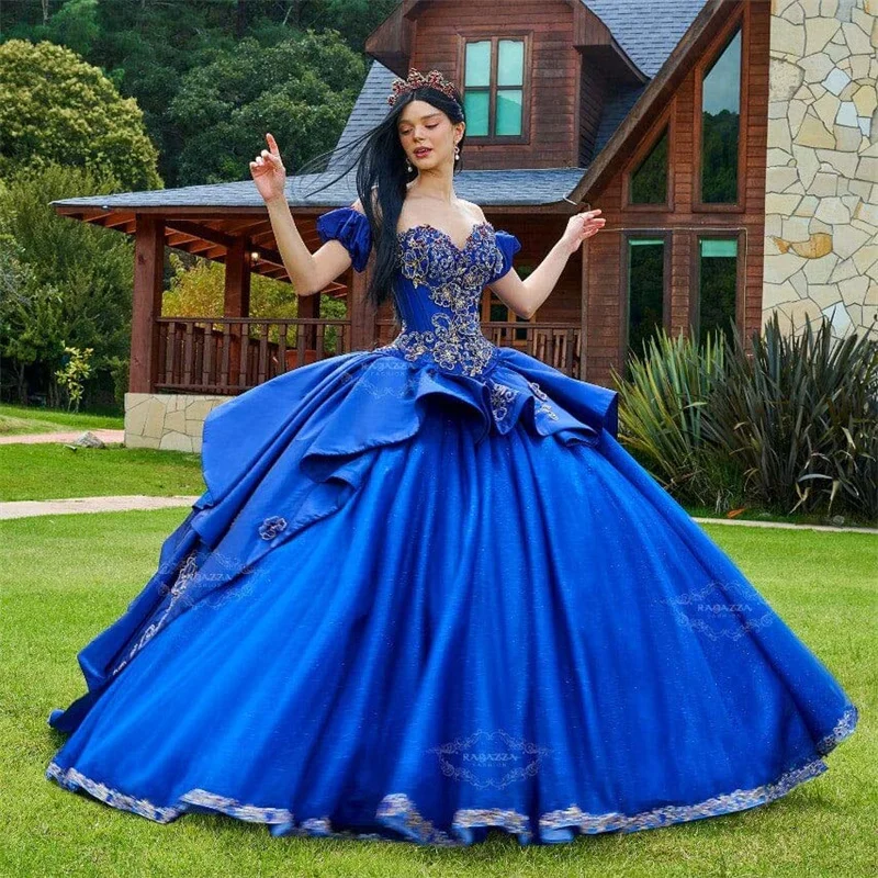 Королевские Синие Платья Charro Quinceanera Бальное Платье С Открытыми плечами Аппликации Из Бисера Мексиканская Сладость 16 Платьев 15 Anos
