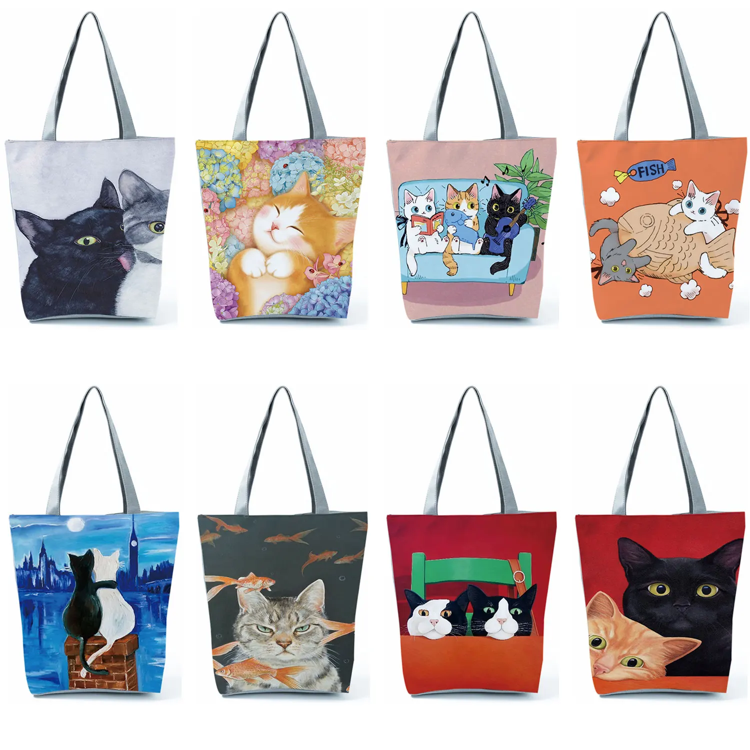 Креативные сумки для покупок с кошачьим принтом, женские сумки-тоут большой емкости, милые мультяшные сумки на плечо, дизайнерские японские сумки на заказ.
