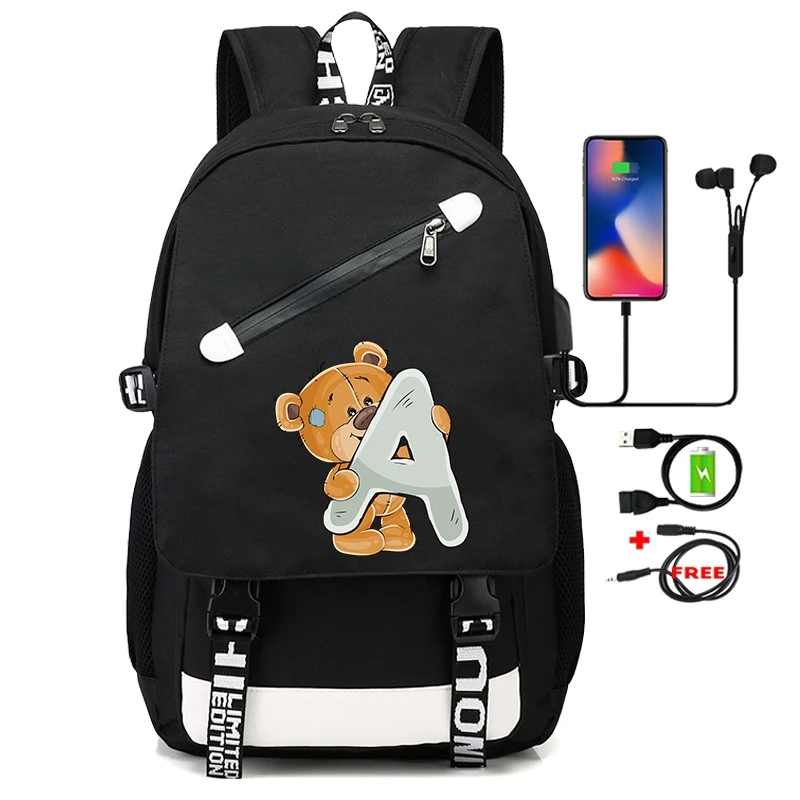 Милый медвежонок, 26 английских букв, подростковая школьная сумка для мальчика и девочки, сумка для ноутбука с мультяшным принтом, рюкзак для возвращения в школу.