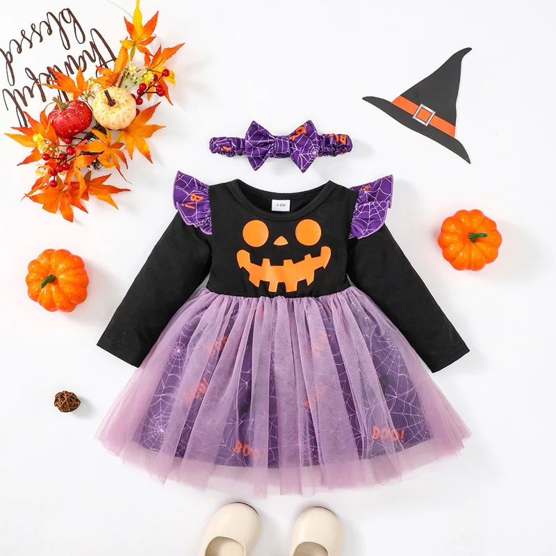 На Хэллоуин, от 0 до 2 лет, комплект из 2 предметов для маленькой девочки, тюлевое платье с улыбающимся лицом, паутинным принтом и повязкой на голову, осенняя одежда